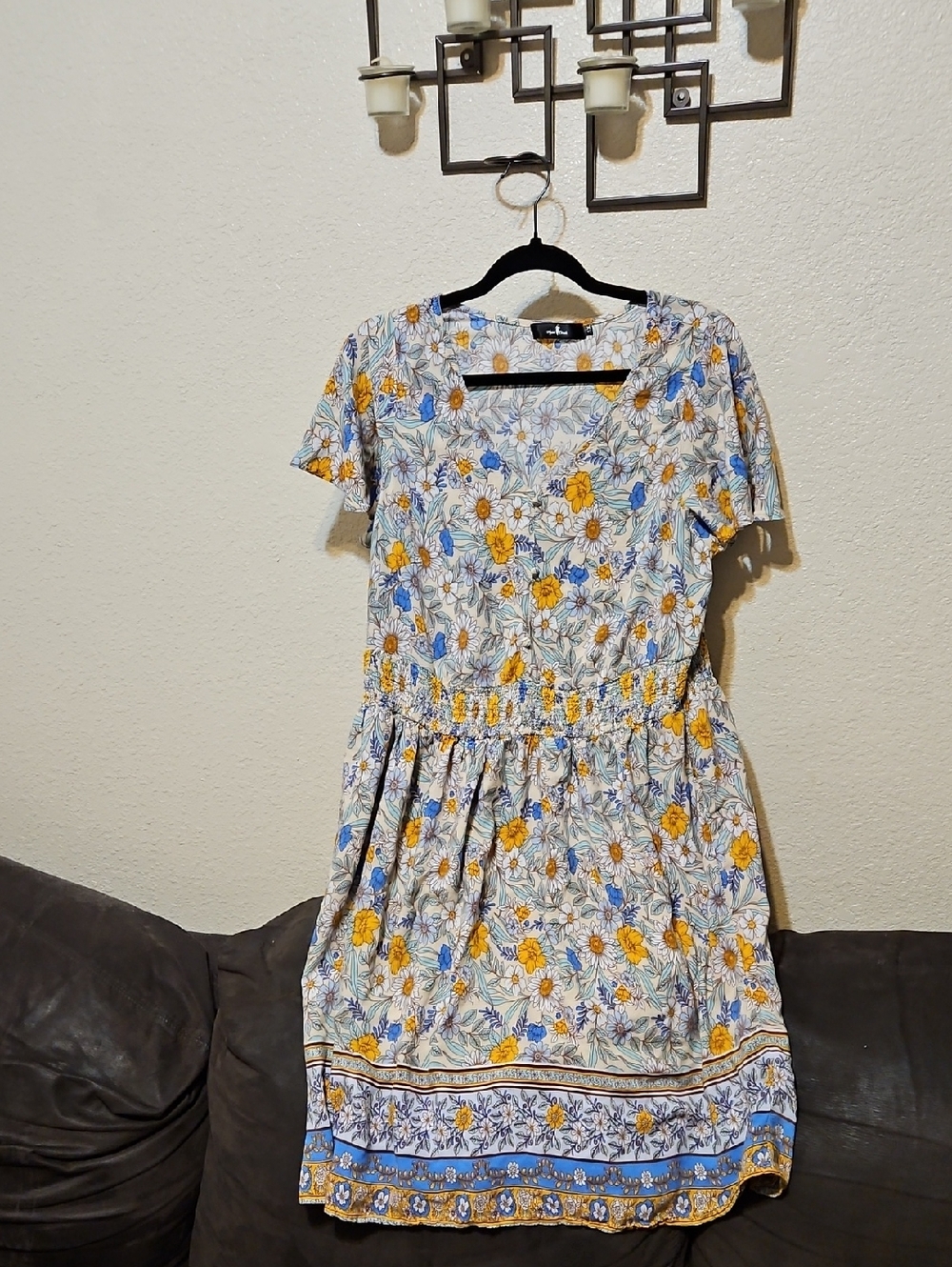 Floral Midi Dress with Smocked Waist in Yellow & Blue